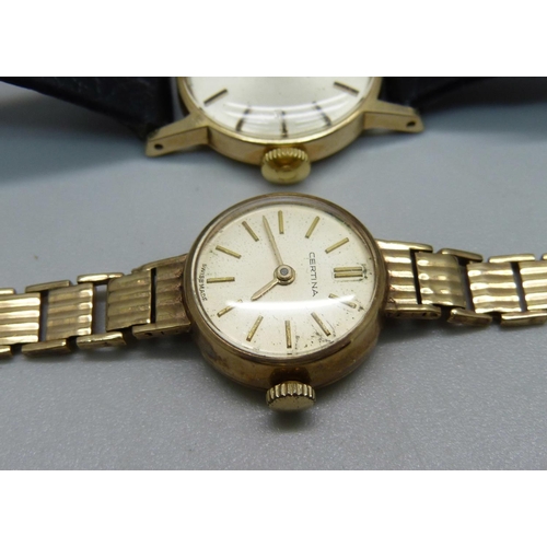 965 - A lady's 9ct gold Certina wristwatch with 9ct gold  bracelet strap, total weight 13g, and a lady's 9... 