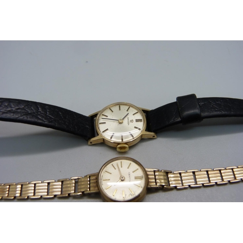 965 - A lady's 9ct gold Certina wristwatch with 9ct gold  bracelet strap, total weight 13g, and a lady's 9... 