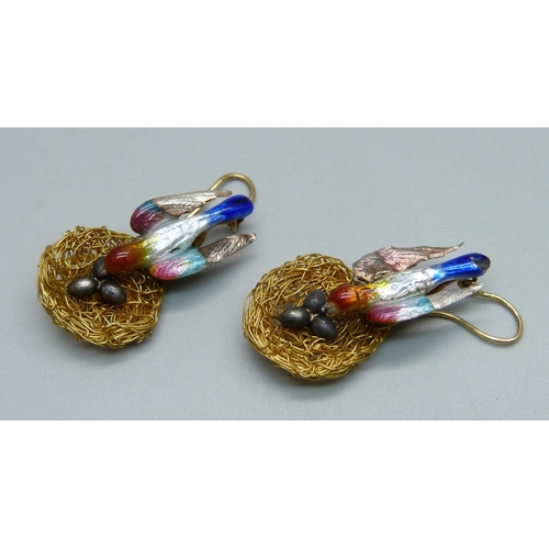 968 - A pair of gilt and enamel bird and nest earrings, enamel a/f