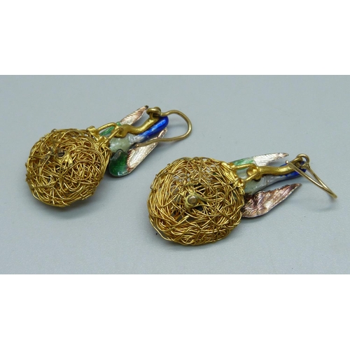 968 - A pair of gilt and enamel bird and nest earrings, enamel a/f