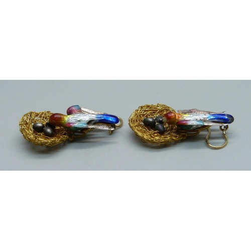 968 - A pair of gilt and enamel bird and nest earrings, enamel a/f