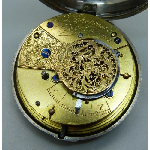 970 - A silver pair cased verge pocket watch with hand detailed Ancient Order of Foresters dial, maker Wil... 