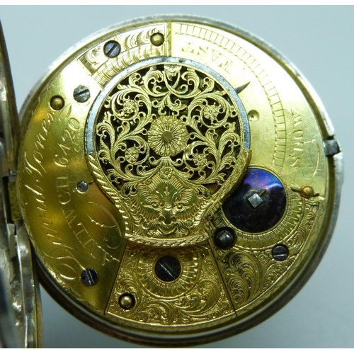 971 - A silver pair cased verge pocket watch, by David Jones, Almwch, (on Anglesey), the case hallmarked B... 