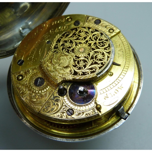 971 - A silver pair cased verge pocket watch, by David Jones, Almwch, (on Anglesey), the case hallmarked B... 