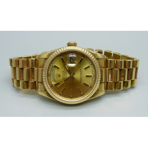 974 - A gentleman's 18ct gold Rolex Oyster-Perpetual Day-Date wristwatch, President bracelet with crown cl... 