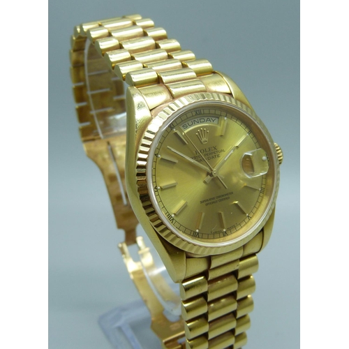 974 - A gentleman's 18ct gold Rolex Oyster-Perpetual Day-Date wristwatch, President bracelet with crown cl... 