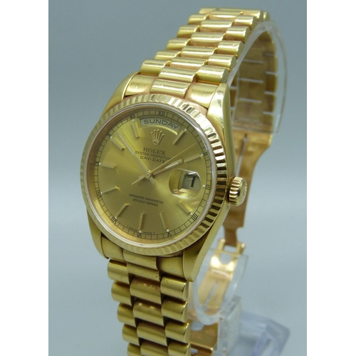 974 - A gentleman's 18ct gold Rolex Oyster-Perpetual Day-Date wristwatch, President bracelet with crown cl... 