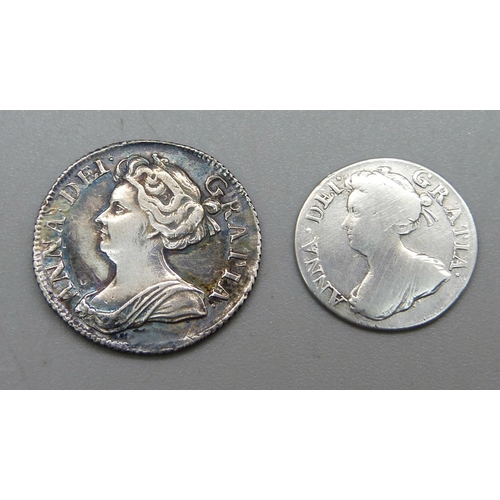 990 - A Queen Anne silver sixpence 1711 and a Queen Anne silver threepence 1706