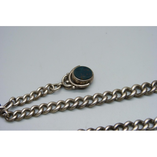 993 - A silver Albert chain, each graduated link marked, with a Victorian swivel fob dated Birmingham 1882... 