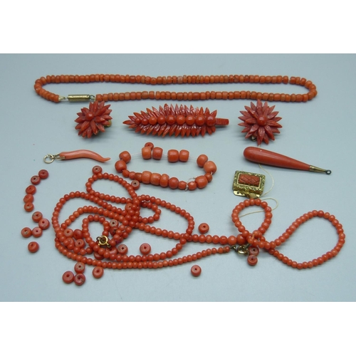 996 - Three coral necklaces, a pair of clip-on earrings, etc., (some a/f including brooch lacking pin)