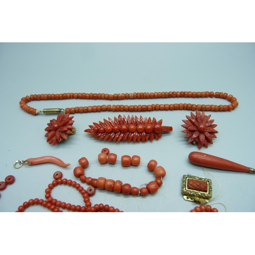 996 - Three coral necklaces, a pair of clip-on earrings, etc., (some a/f including brooch lacking pin)