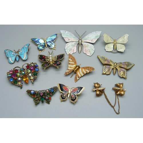 997 - Butterfly brooches including one enamel and one Czech, (one lacking pin)