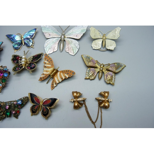 997 - Butterfly brooches including one enamel and one Czech, (one lacking pin)