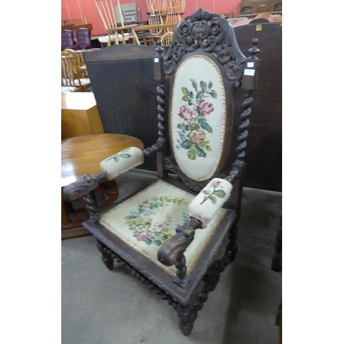 156 - A 19th Century French carved oak and fabric upholstered throne chair