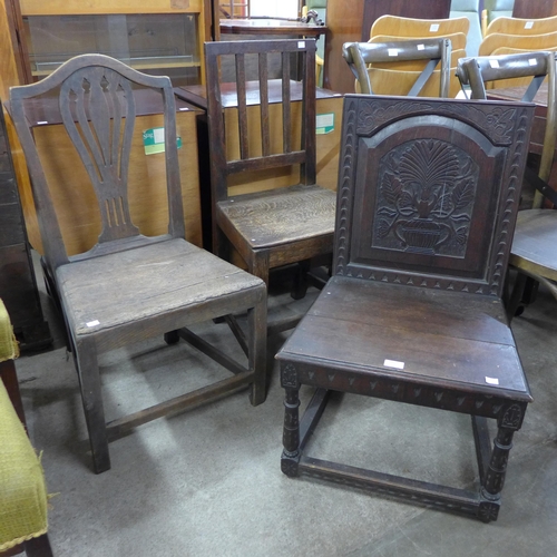 203 - A 17th Century style carved joint oak side chair and two George III elm chairs