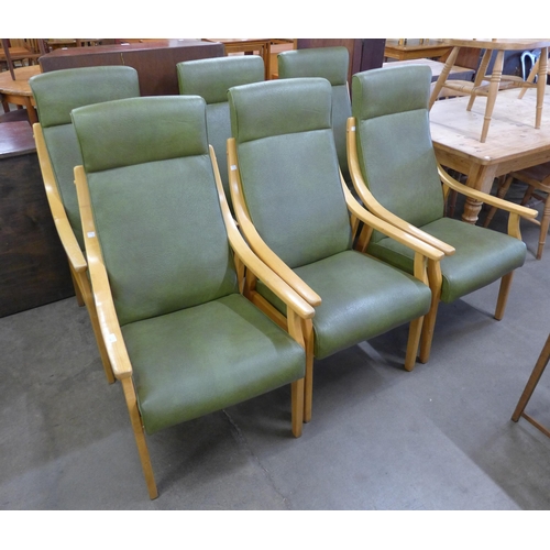 265 - A set of six beech and green vinyl upholstered armchairs