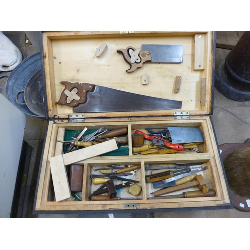 300 - A stained pine tool chest with tools