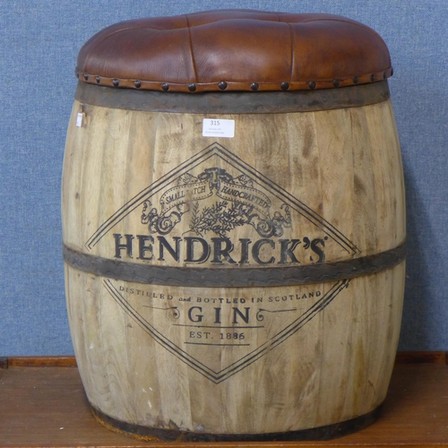 315 - A beech and brown leather topped Hendrick's Gin advertising stool