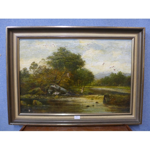 324 - William Langley (1852-1922), rural landscape with figures by a river, oil on canvas, framed