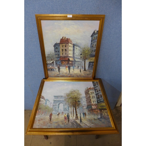 325 - * Burnett, pair of Parisian street scenes, oil on canvas, framed