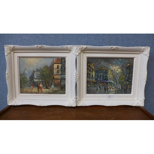 326 - Two Parisian Street scenes, oil on canvas, framed