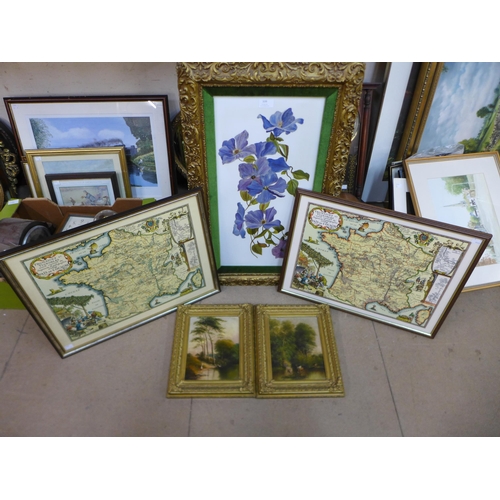 339 - A Victorian still life of flowers, oil on opaline glass, two landscapes, oil on canvas and two frame... 