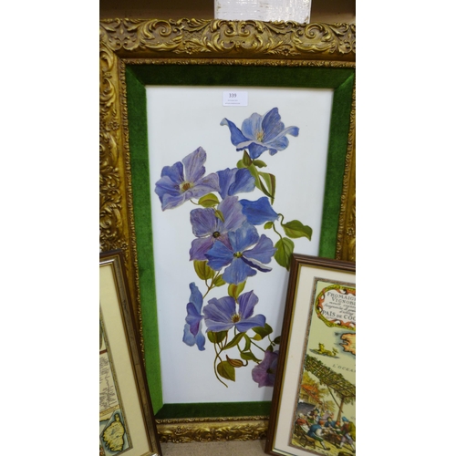 339 - A Victorian still life of flowers, oil on opaline glass, two landscapes, oil on canvas and two frame... 