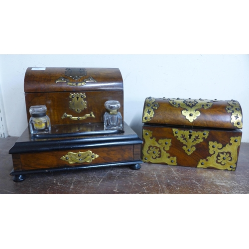 345 - A Victorian walnut and brass mounted tea caddy and a desk stand