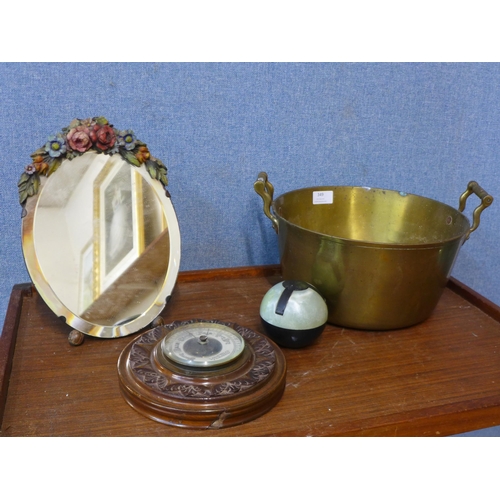 349 - A brass jam pan, a barometer, a barbola mirror and an ashtray