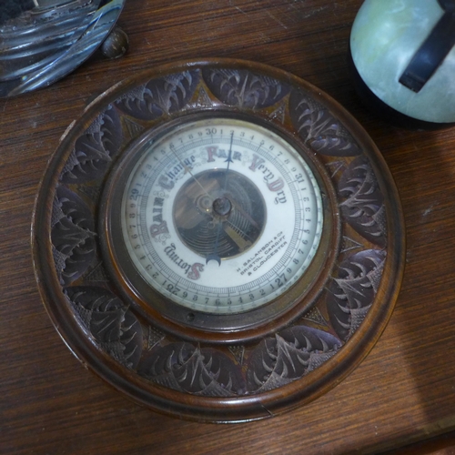 349 - A brass jam pan, a barometer, a barbola mirror and an ashtray