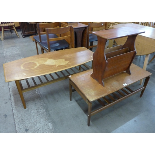 68 - Two teak coffee tables and a magazine rack