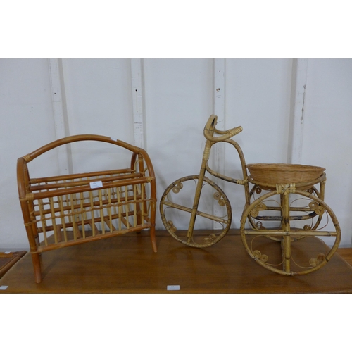 85 - A bamboo tricycle shaped plant holder and a magazine rack