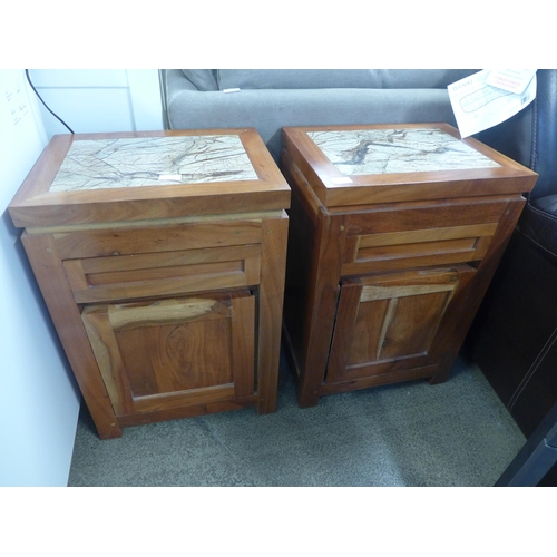 1599 - A pair of hardwood bedside cabinets with stone inserts