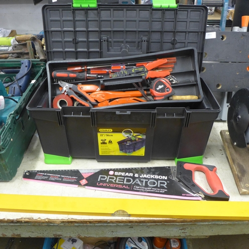 2013 - Stanley plastic tool boxes with hand tools, a tape measure, pincers, screwdrivers predator saw and s... 