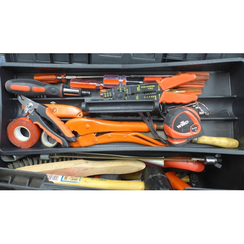 2013 - Stanley plastic tool boxes with hand tools, a tape measure, pincers, screwdrivers predator saw and s... 