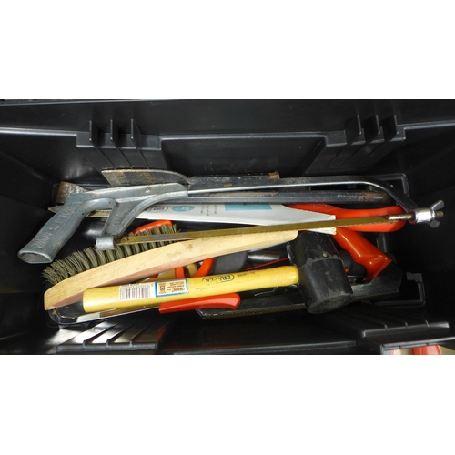 2013 - Stanley plastic tool boxes with hand tools, a tape measure, pincers, screwdrivers predator saw and s... 