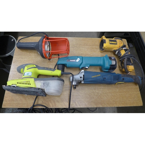 2043 - A selection of power tools including Makita hand held drill, Ryobi sander  etc