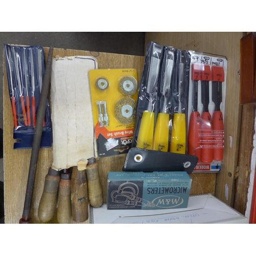 2155 - Two boxes of assorted tools and clamps including sprit levels chisel set micro meters and wooden til... 