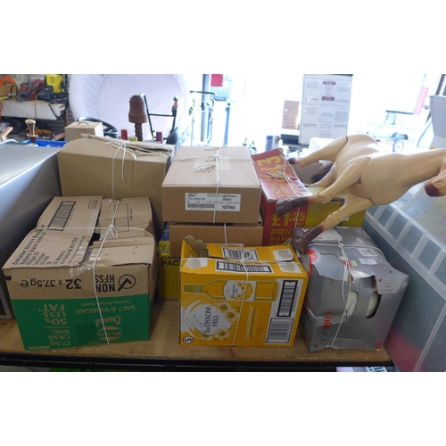 2354 - Boxes of household items and ceramics including ornaments owl and hoarse doll chair and others