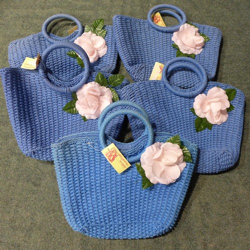 3129 - Ten Blue Wicker Effect Small Basket Handbags with Floral Detail (D)