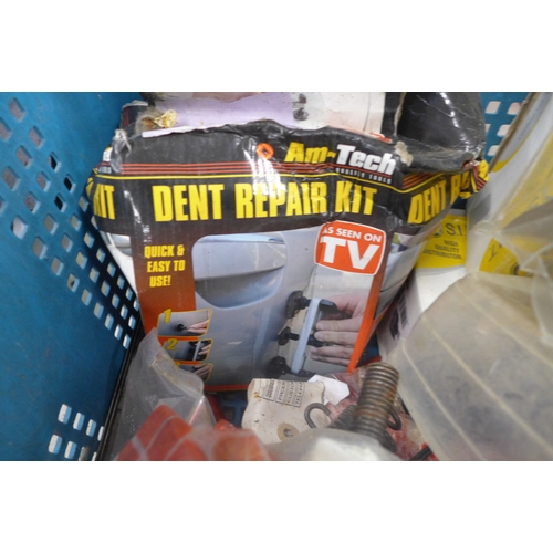 2010 - A blue tray of garage tools including dent repair kit drill and compressor etc