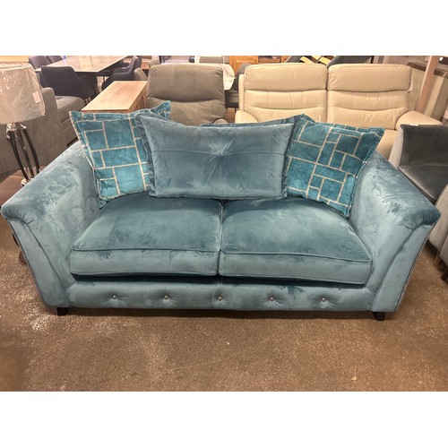 1427 - Two teal velvet three and two seater sofas