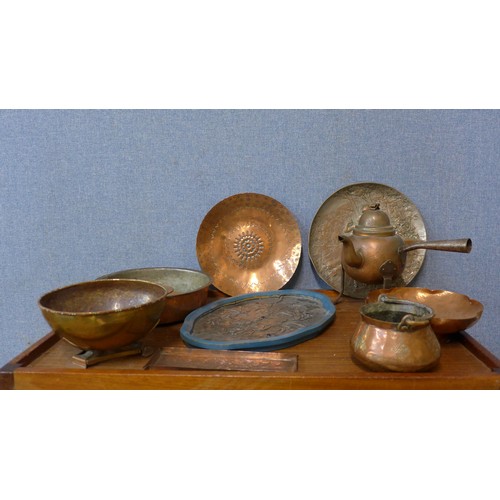 342 - Assorted items, including an Art Nouveau tray, an Arts and Crafts tray, an embossed copper plaque, a... 