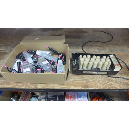 2350 - A box of cosmetics and vintage hair curlers - hair curlers failed electrical safety test due to eart... 