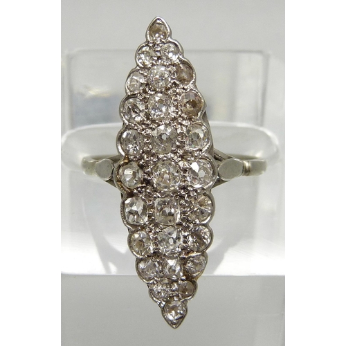 1000 - A platinum set Art Deco marquise shape diamond ring, approximately 1.5ct weight, 4.93g, Q½, 31mm x 1... 