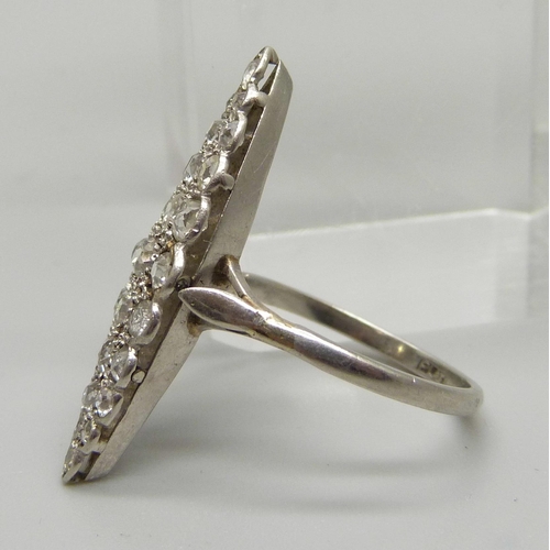 1000 - A platinum set Art Deco marquise shape diamond ring, approximately 1.5ct weight, 4.93g, Q½, 31mm x 1... 