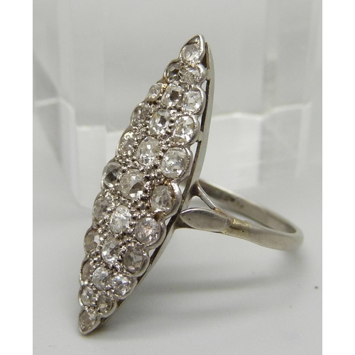 1000 - A platinum set Art Deco marquise shape diamond ring, approximately 1.5ct weight, 4.93g, Q½, 31mm x 1... 