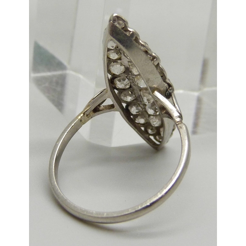 1000 - A platinum set Art Deco marquise shape diamond ring, approximately 1.5ct weight, 4.93g, Q½, 31mm x 1... 