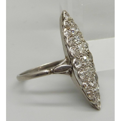 1000 - A platinum set Art Deco marquise shape diamond ring, approximately 1.5ct weight, 4.93g, Q½, 31mm x 1... 