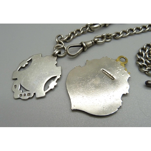 1009 - A silver Albert chain and silver fob, 35.8g with metal T-bar, and one other fob